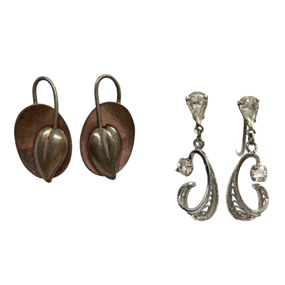 Vintage Lot of 2 Screw Back Earrings Sterling 925 Silver 8.2g Am Lee Rhinestone